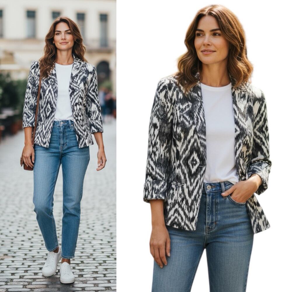 Lafayette 148 New York black and white ikat print blazer jacket Sz 10